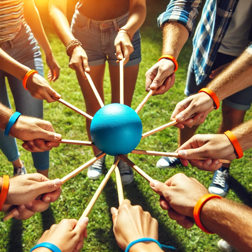 Grupo de personas participando en una actividad de teambuilding al aire libre en España, sosteniendo una pelota en equipo